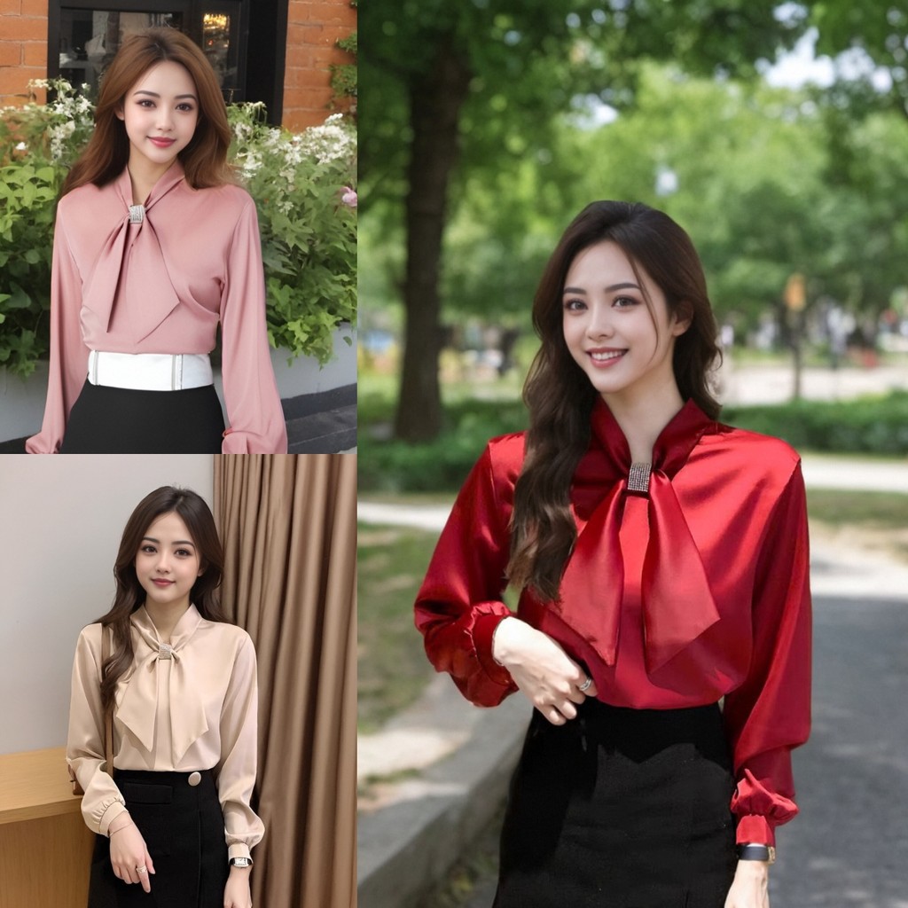 เสื้อเชิ้ตแขนยาวผ้าซาตินสไตล์เกาหลี สำหรับผู้หญิง ดีไซน์แฟชั่นที่ทันสมัย เหมาะสำหรับการทำงานและสวมใส่สบาย