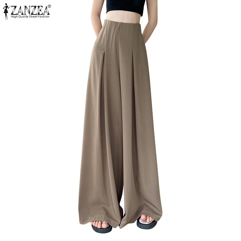 ZANZEA ใส่ ซานเซีย ผู้หญิงเกาหลีสบายๆหลวมเอวสูงซิปจีบกางเกงขากว้าง