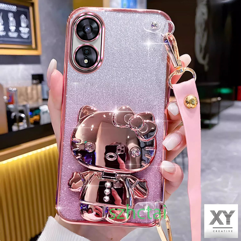 เคส แวววาว OPPO A60 A38 A18 A58 A78 5G A98 5G A17 A17K A16K A16 A15S A15 สายรัดข้อมือยาวสไตล์เคสโทรศัพท์แบบนุ่มปลอกปลอกคิตตี้ตัวยึดแมวพร้อมกระจก เคสโทรศัพท์ OPPO A60 A38 A18 A58 A78 5G A98 5G A17 A17K A16K A16 A15S A15