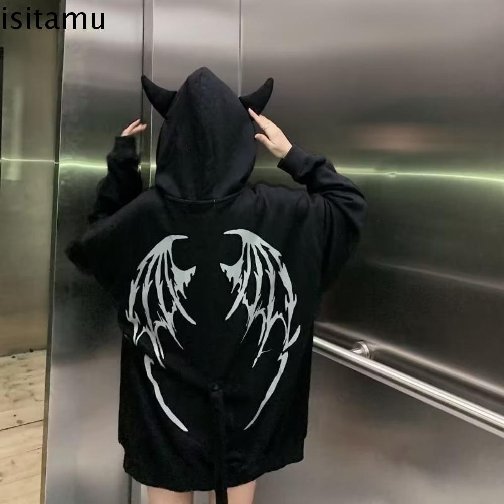 Isitaft ตลก Hoodies, Y2k Devil หูเสื้อขนาดใหญ่, Harajuku Streetwear O-คอหาง Zip Up Hoodie ผู้หญิงฮาโลวีน