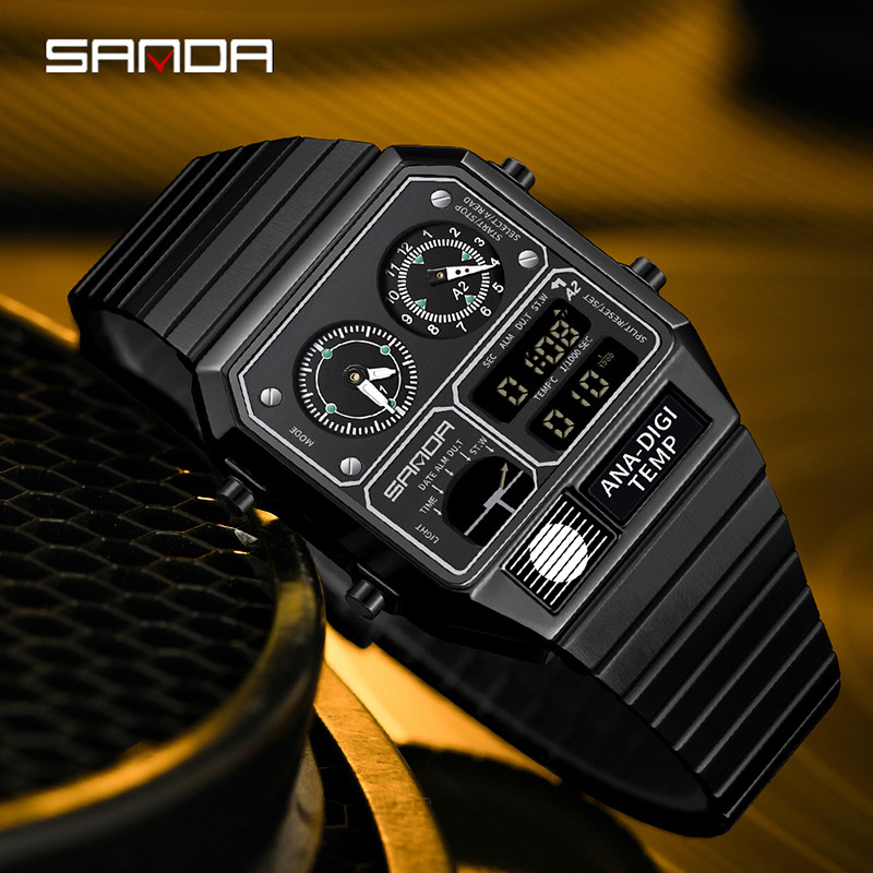 Sanda Retro อินเทรนด์ Punk Dual Display Luminous กันน้ําอิเล็กทรอนิกส์ควอตซ์นาฬิกาผู้ชาย SD3192-5