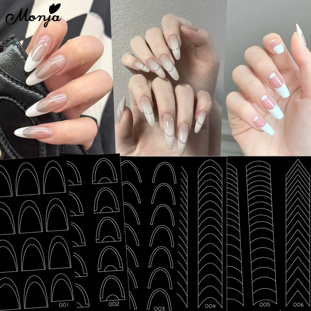 ฝรั่งเศสเล็บเคล็ดลับคู่มือเล็บสติกเกอร์สีดําลายเส้นเคล็ดลับฝรั่งเศสลายฉลุแถบ เล็บแม่พิมพ์เครื่องมือ