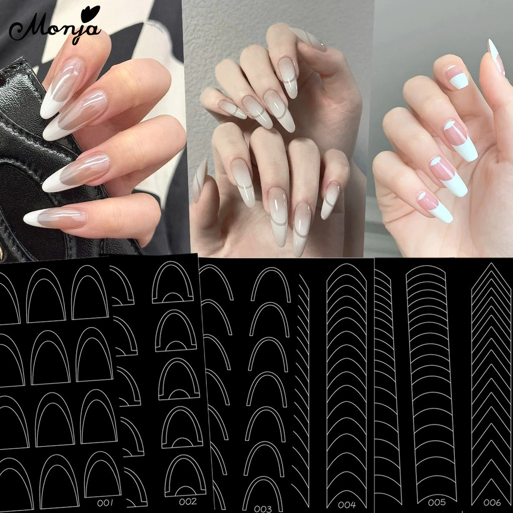 ฝรั่งเศสเล็บเคล็ดลับคู่มือเล็บสติกเกอร์สีดําลายเส้นเคล็ดลับฝรั่งเศสลายฉลุแถบ เล็บแม่พิมพ์เครื่องมือ