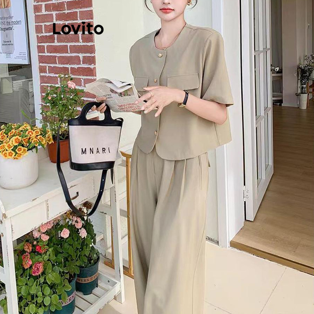 Lovito ปุ่มธรรมดาสบาย ๆ ปุ่มธรรมดากระเป๋าปลอมชุดกางเกงสำหรับผู้หญิง LNE70435