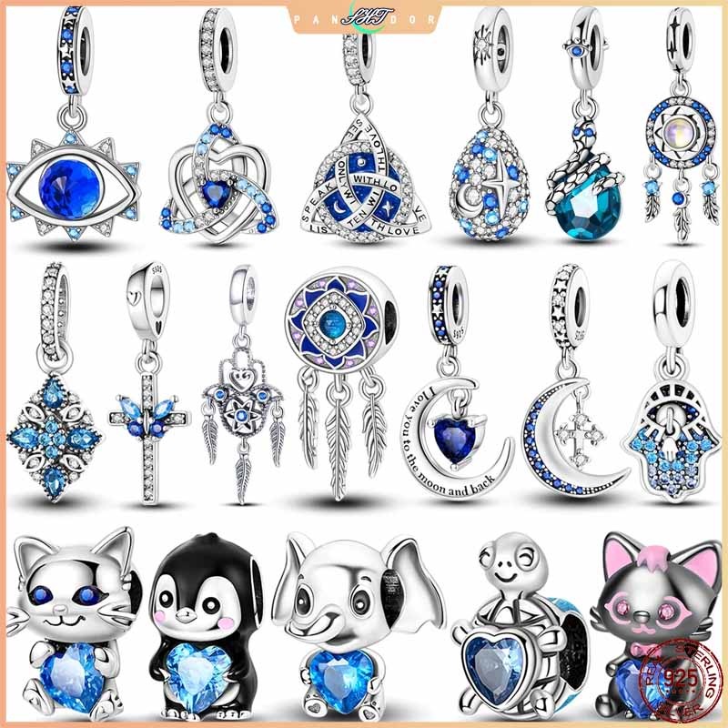 S925 เงินสเตอร์ลิง Sapphire charms ลูกปัดหินสีฟ้า Dangle สัตว์เลี้ยงน่ารักถือจี้หัวใจสีฟ้า Fit Original  charms สร้อยข้อมือลูกปัดเครื่องประดับของขวัญ