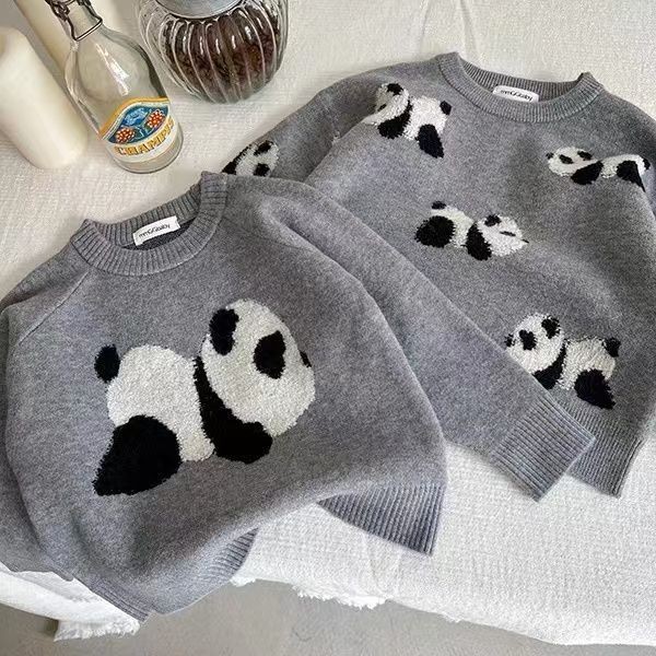 ชายเสื้อแขนยาวฤดูใบไม้ร่วงฤดูหนาวแฟชั่นสไตล์ใหม่เวอร์ชั่นเกาหลีผ้าฝ้ายแท้รอบคอการ์ตูนแพนด้าเสื้อกันหนาวเย็บปักถักร้อยมื