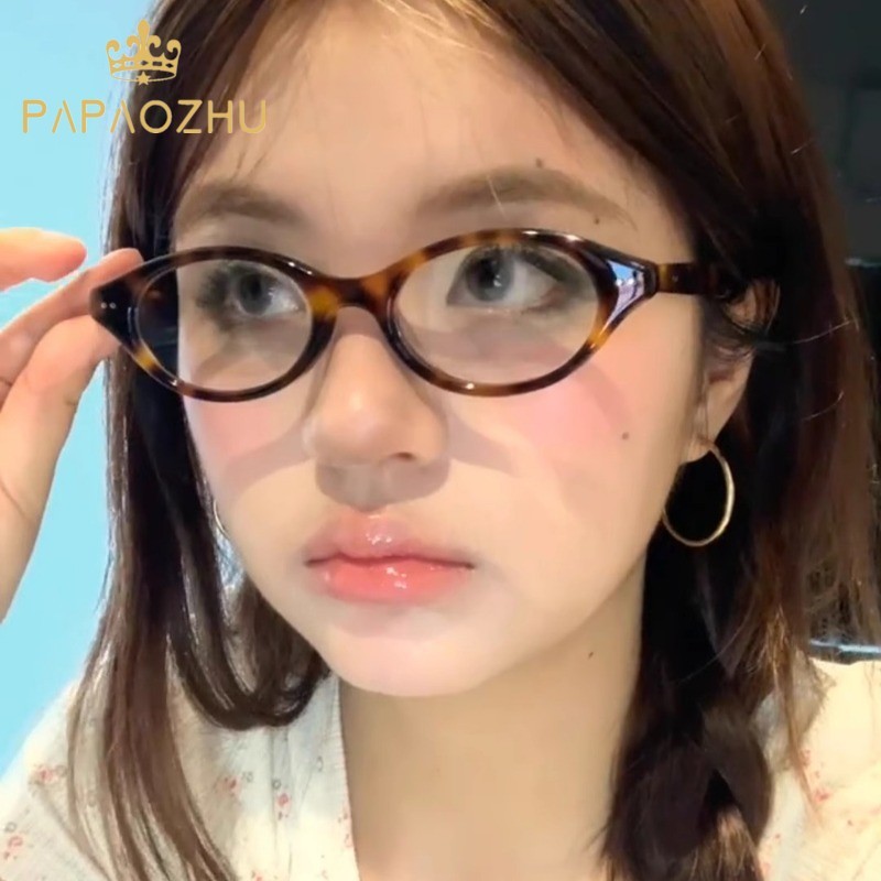 Papaozhu Vintage เสือดาว Nerds รูปไข่กรอบแว่นตาสําหรับผู้หญิงแฟชั่น Blue Light Blocking เลนส์แว่นตาเครื่องประดับ