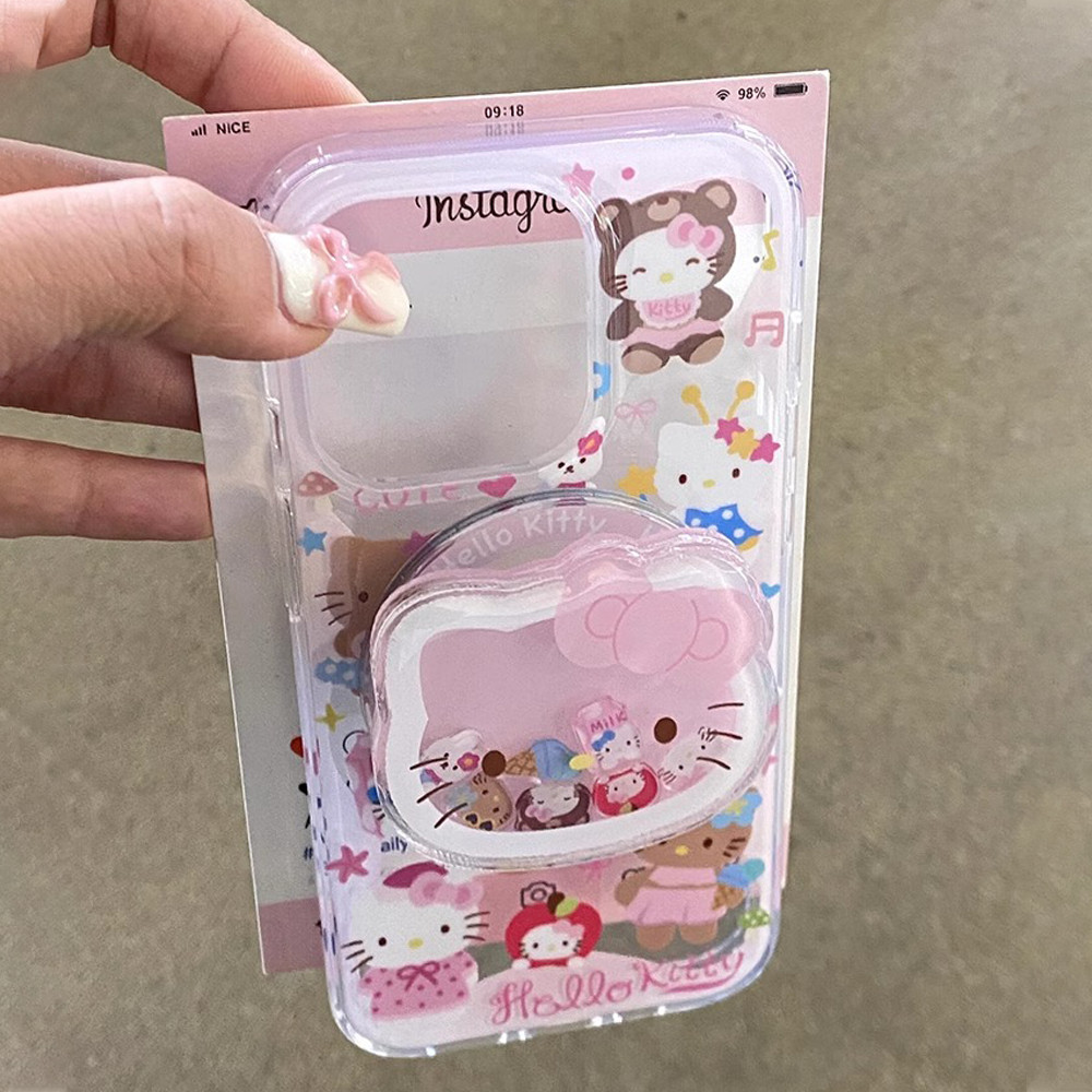 Iphone 14 Pro Maxปลอกเกาหลีน่ารักสีชมพูHello Kittyแม่เหล็กที่วางโทรศัพท์กรณีIphone 11 Dynamic Liquid Quicksand BracketสําหรับIPhone 16 15 14 13 12 11 Pro Max 16 15 14 Plus