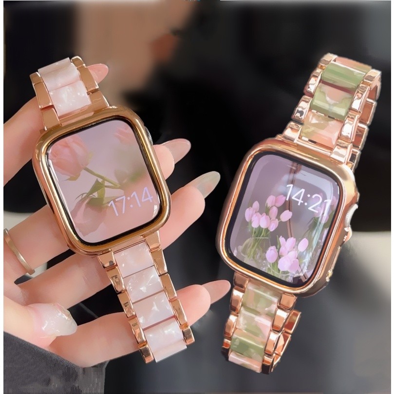 สร้อยข้อมือ Clover หกเพชรกรณี + สายรัด + ตัวควบคุมสําหรับ Apple Watch สาย 38/40/41/42/44/45/49 มม.สายโลหะ Correa Band I-Watch Ultra 2 9 8 7 6 5 SE 4 3 2 1 สายรัดข้อมือ Accessorie