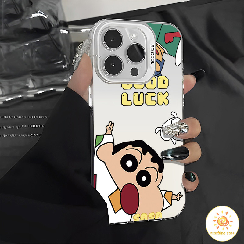 Crayon Shn-chan อะนิเมะเคสโทรศัพท์โลหะสีสันสดใส ไอโฟน11 For iPhone12 13 14 15Pro MAX X XS XR 7 8Plus SE2020 เคสโทรศัพท์