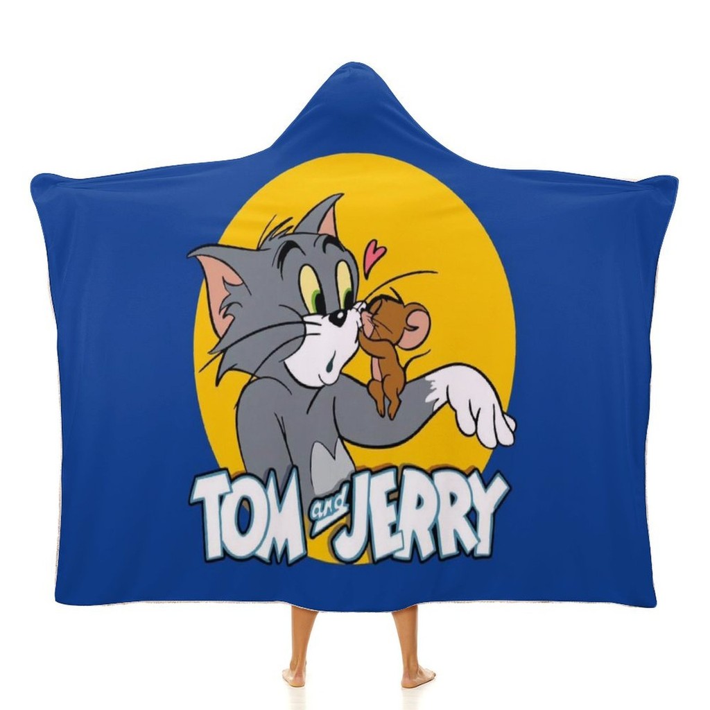 Tom And Jerry 50*60 นิ้วผ้าห่มสวมใส่ Hoodie โยนผ้าห่ม Hooded Cloak Flannel ขนแกะผ้าคลุมไหล่ห่อ Nap Q