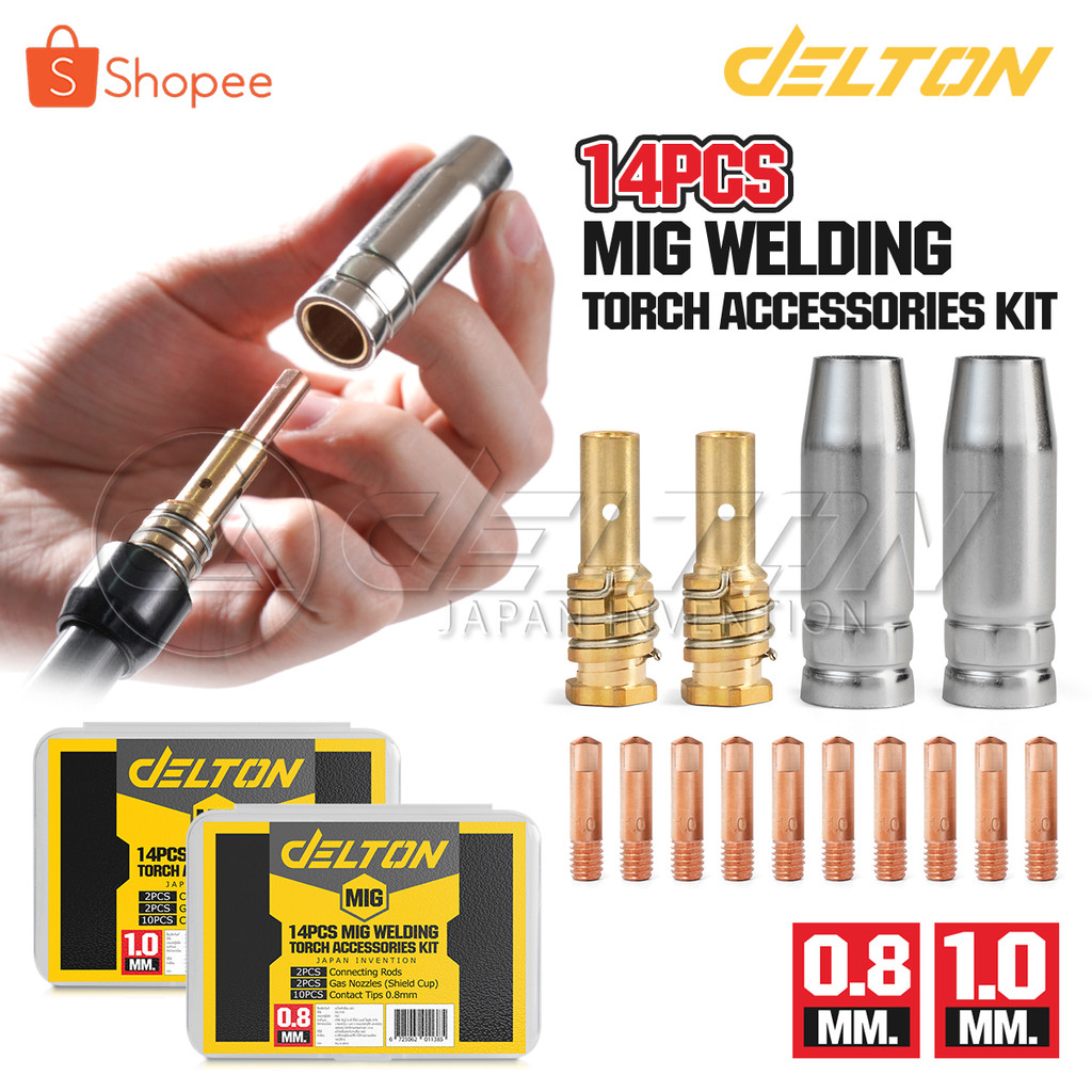 DELTON หัวเชื่อมมิก 14 ชิ้น/ชุด ขนาด 0.8 / 1.0 มม. อะไหล่ Mig Welding Torch ใช้ร่วมกับสายเชื่อม ตู้เชื่อม MIG ทุกยี่ห้อ