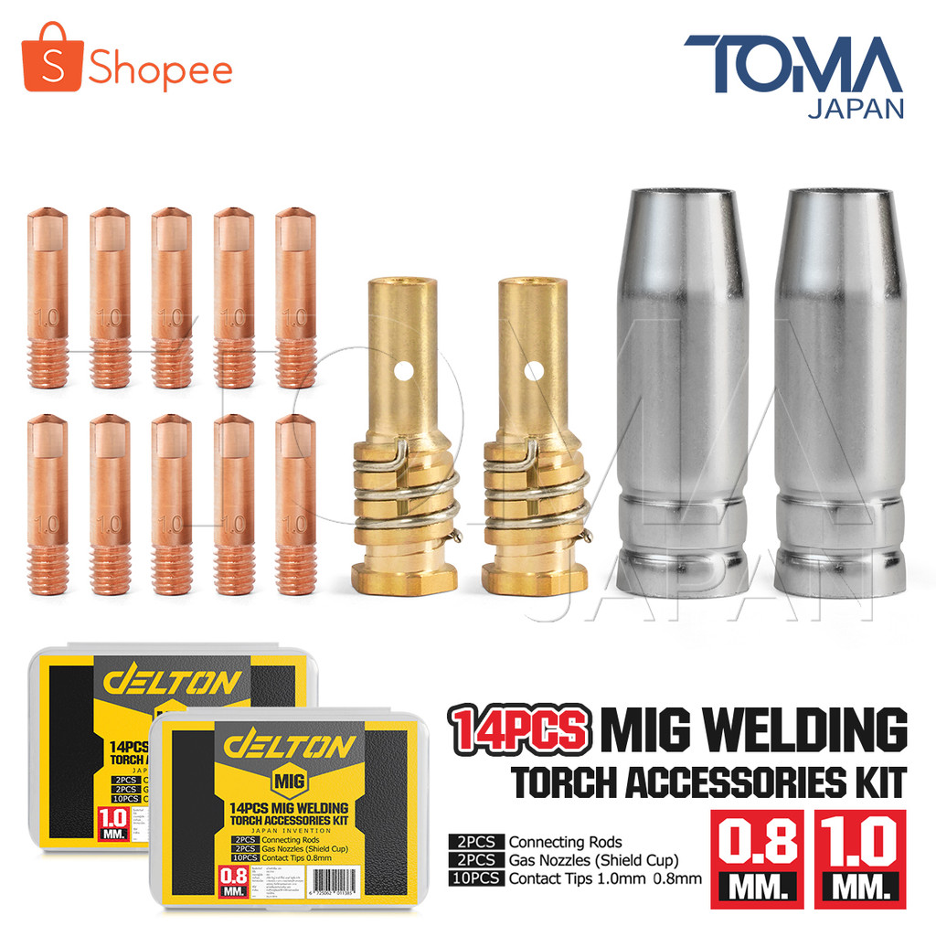 DELTON หัวเชื่อมมิก 14 ชิ้น/ชุด ขนาด 0.8 / 1.0 มม. อะไหล่ Mig Welding Torch ใช้ร่วมกับสายเชื่อม ตู้เชื่อม MIG ทุกยี่ห้อ