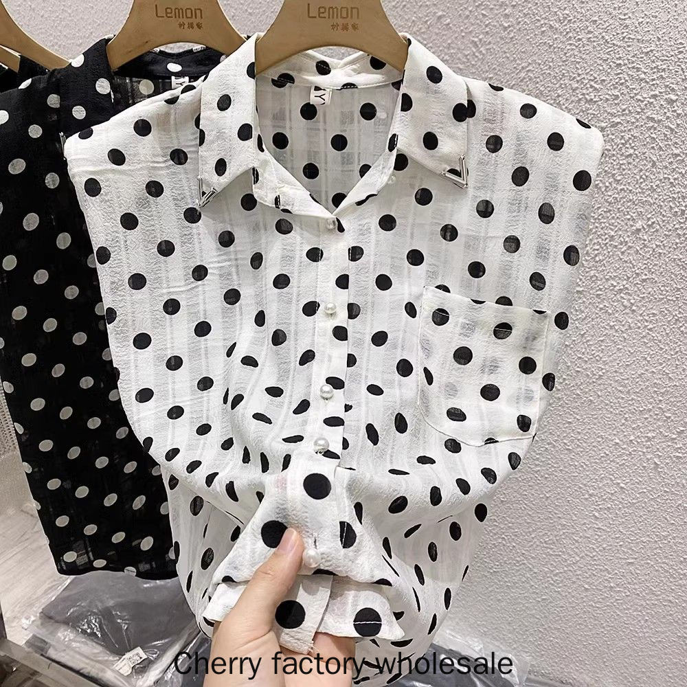 แฟชั่นผู้หญิงสไตล์ใหม่ Polka Dot เสื้อชีฟองหลวม Slimmer ดูเสื้อโปโลเสื้อแขนกุดผู้หญิงเสื้อผ้าชั้นนํา