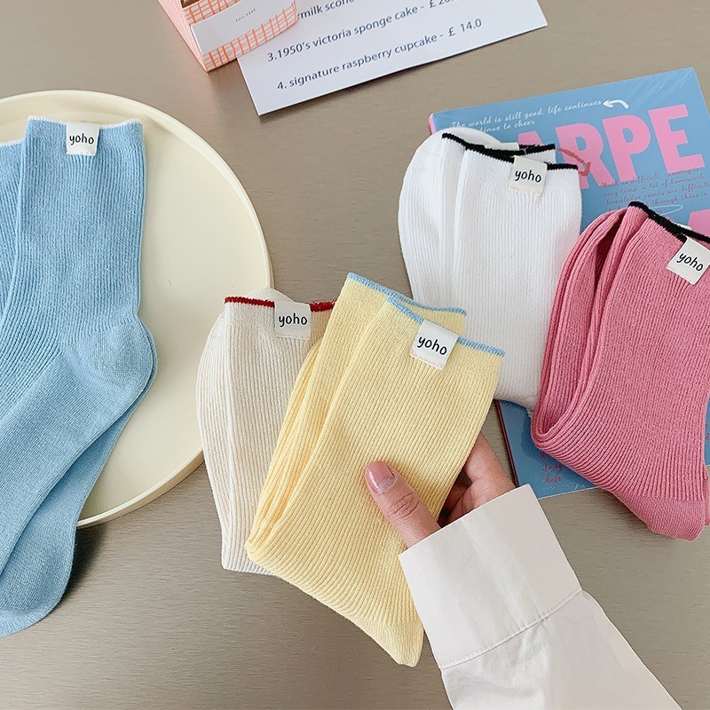 Yoho Candy Color Cloth Label Letter Mid-Tube Socks Female Mori Style Simple All-Match Double Needle Unique