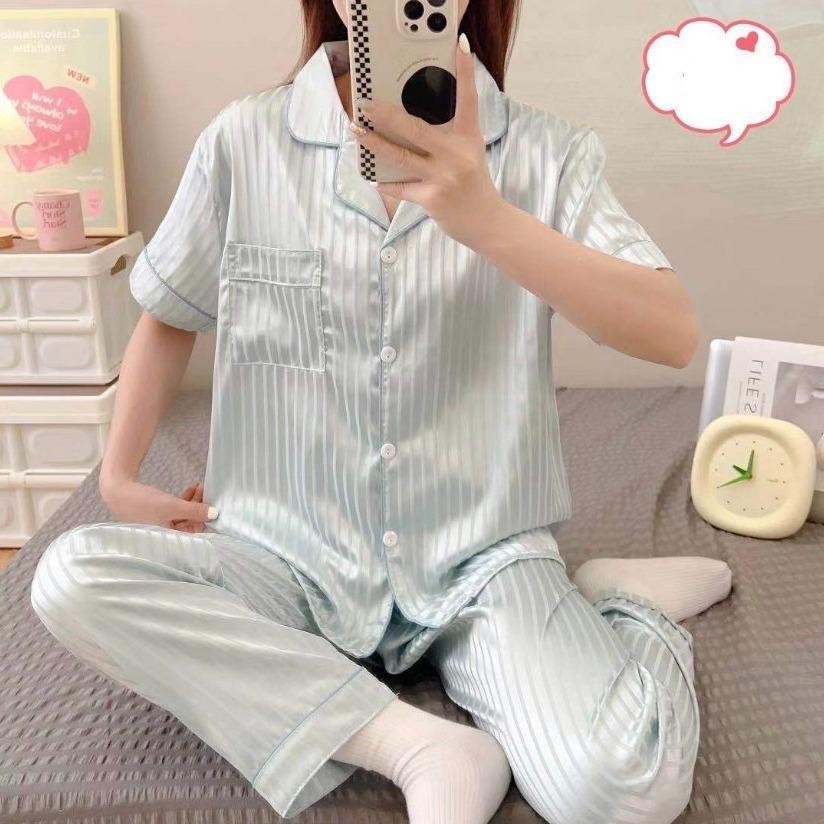 COD ชุดนอนผ้าซาตินไซส์ใหญ่ XL-8XL ชุดนอนผ้าน้ำแข็ง สองชิ้น ชุดนอนแขนสั้น + กางเกงนอนขายาว ใส่ได้ทั้งคนอ้วนและคนผอม