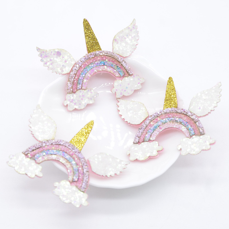 10 ชิ้น 55*45 มิลลิเมตร Glitter Rainbow Clouds Applique สําหรับ DIY เสื้อผ้าหมวกสติกเกอร์ Headwear กิ๊บติดผมโบว์อุปกรณ์เสริมแพทช์