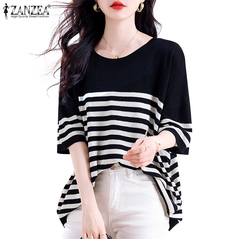 Zanzea เสื้อเบลาส์แขนสั้นคอลูกเรือแฟชั่นเกาหลีสําหรับผู้หญิง