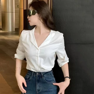 ขเสื้อเชิ้ตสํานักงานผู้หญิงสไตล์เกาหลีแขนยาวคอวีสีทึบรุ่นหลวม