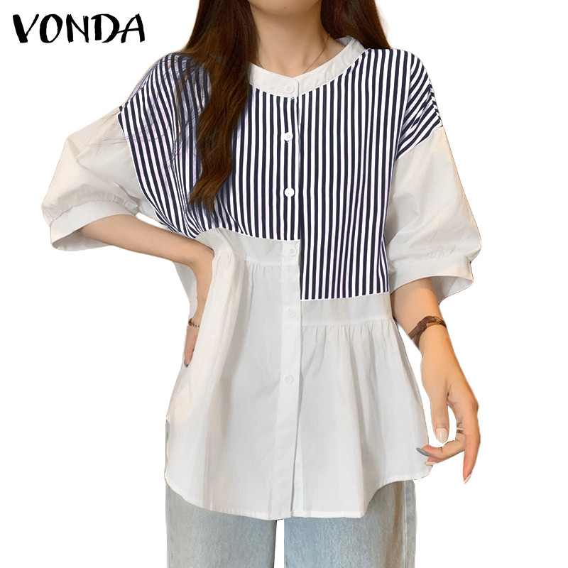 Vonda ผู้หญิงเกาหลีลําลองรอบคอลาย Patchwork เสื้อแขนสั้นหลวม
