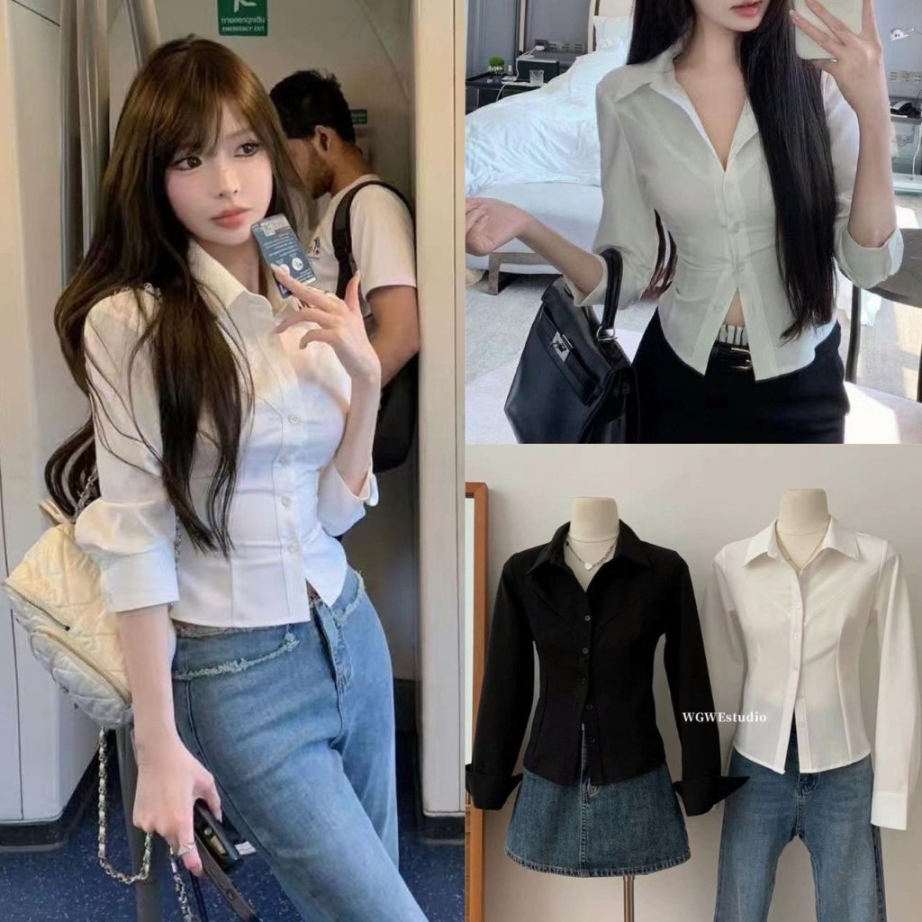 เสื้อเชิ้ต ทรงสวย ช่วงเอวแต่งจับจีบ ผ้าดีมาก ทรงเกาหลี ทรงน่ารัก แฟชั่นเกาหลี TAG WG.WE
