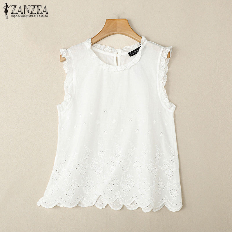 Zanzea ผู้หญิงแฟชั่นเกาหลี O-คอหลวมเย็บปักถักร้อยแขนกุด Hollow Tanks