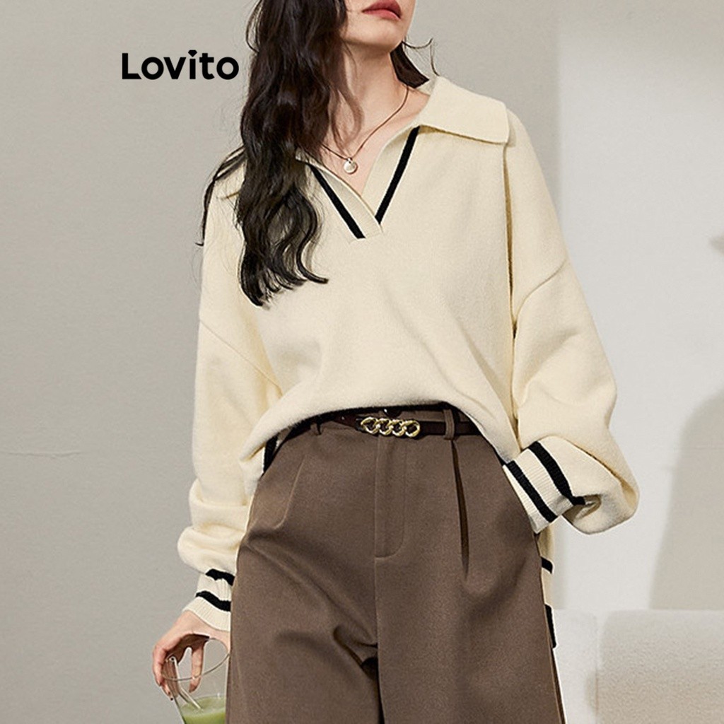 Lovito เสื้อสเวตเตอร์ผู้หญิง สไตล์ลำลอง สีพื้น คัลเลอร์บล็อก LNA29376 (แอปริคอท)
