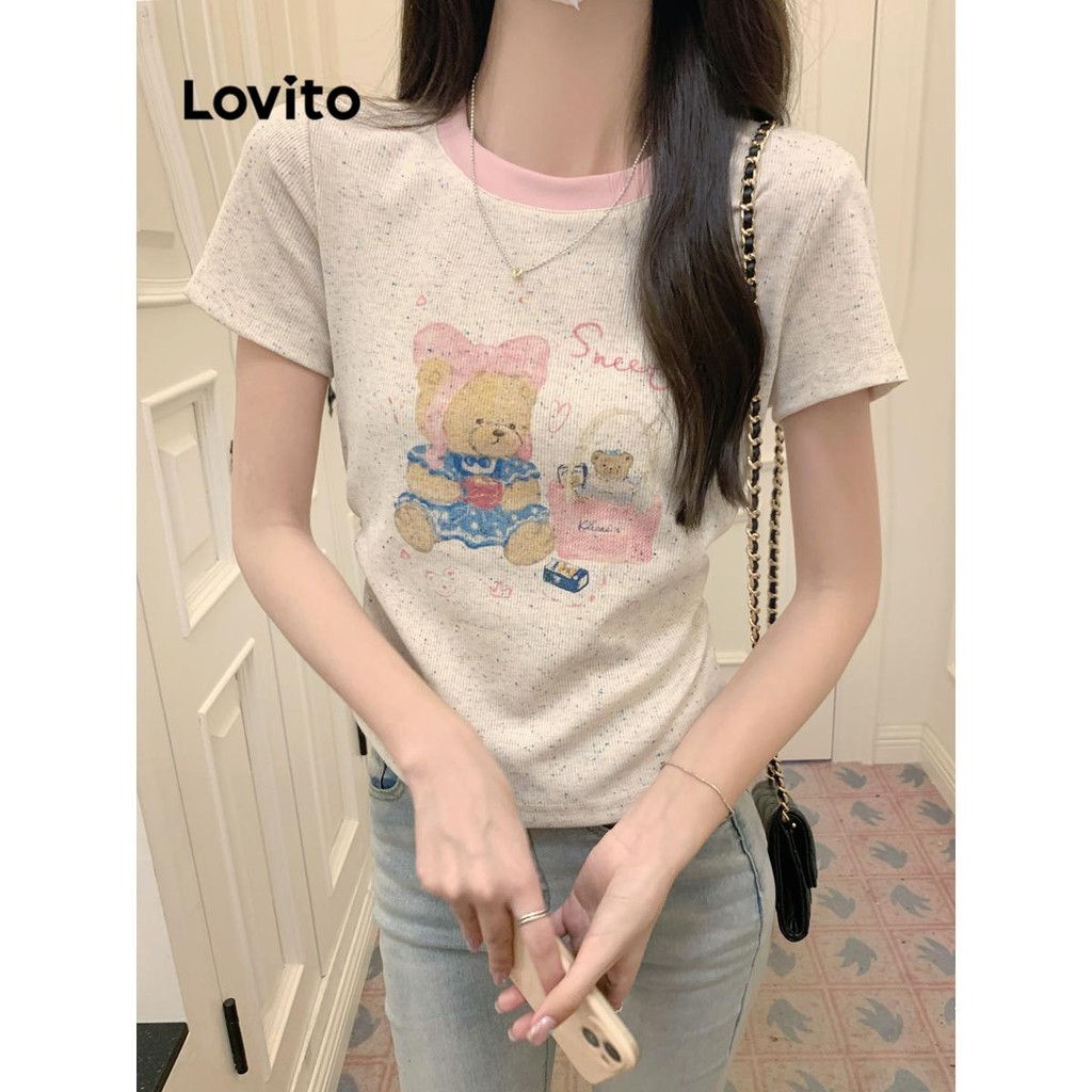 Lovito เสื้อยืดลายสัตว์ บล็อกสี สบาย ๆ สำหรับผู้หญิง LNM74328