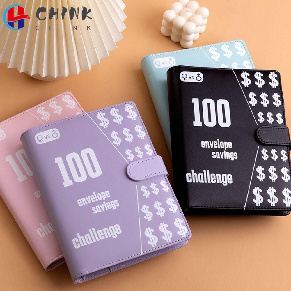 Chink สมุดออมเงิน, หนัง A5 100 ซอง Challenge Binder, PVC ตลกประหยัดเงิน Budget Binder เด็ก