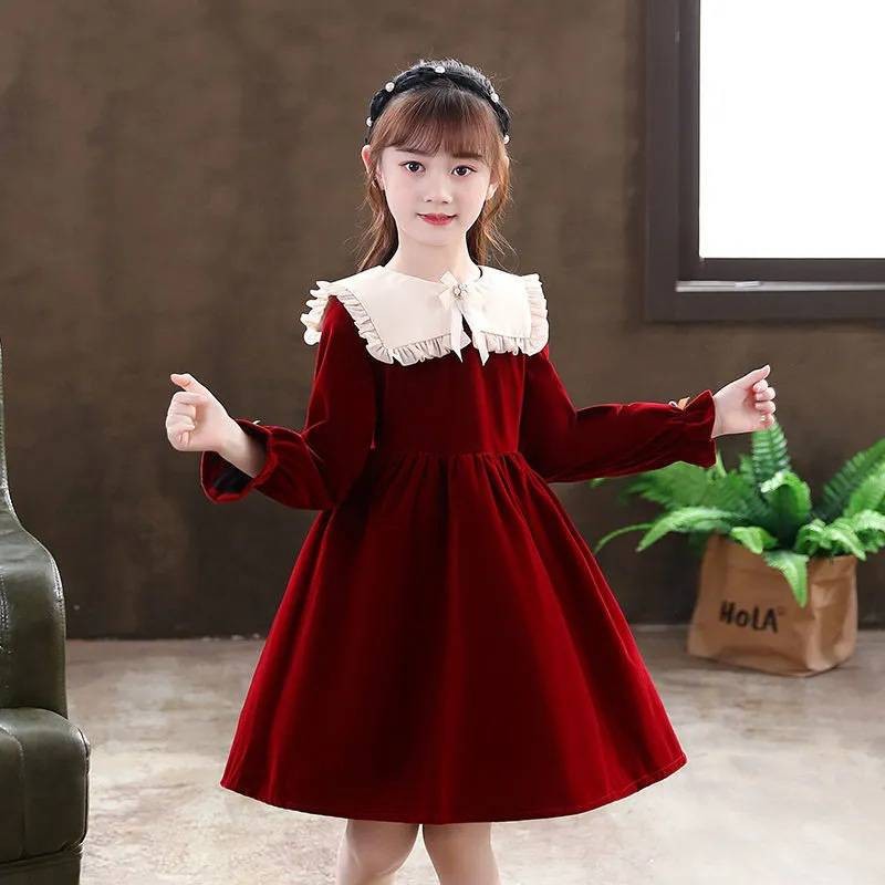 (พร้อมส่ง)ชุดเเดง ชุดใส่คริสมาสเด็กหญิง เดรสกระโปรงคอปกเเขนยาว งานตรงปกผ้าดีมาก