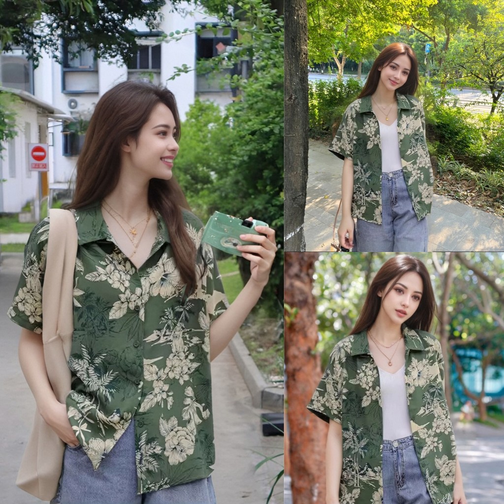 เสื้อเชิ้ตแขนสั้นลายดอกไม้แฟชั่นสงกรานต์ สวมใส่ได้ทั้งชายและหญิง เสื้อ สงกรานต์ ผู้หญิง