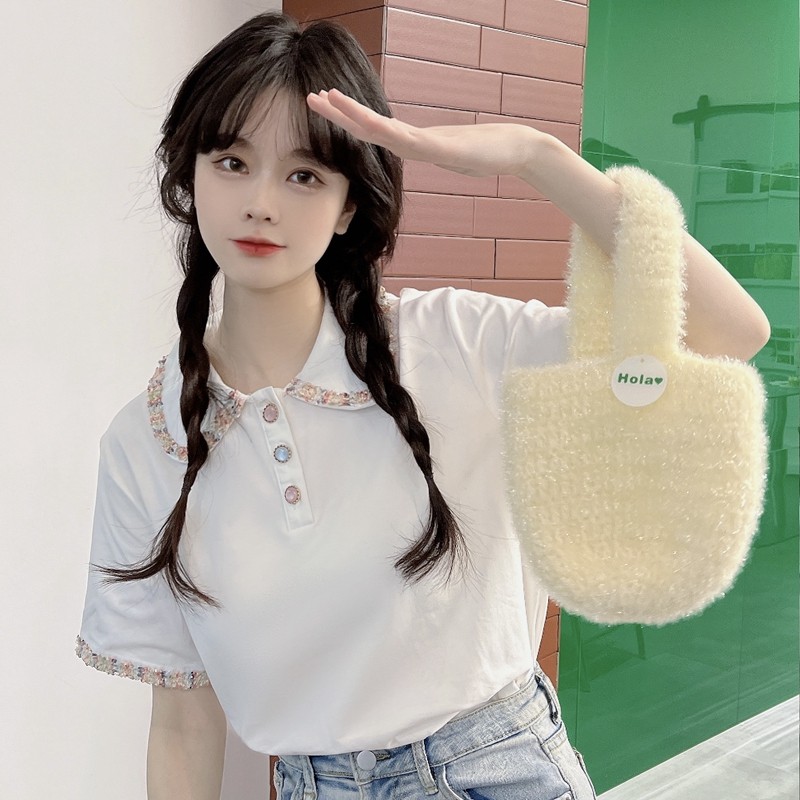 เสื้อโปโลแขนสั้นทรงหลวมสีตัดกันสไตล์ใหม่ฤดูร้อนผ้าฝ้ายแท้เสื้อยืดลูกไม้จับคู่สีเสื้อผู้หญิง Xi Guan Ji Mink m294