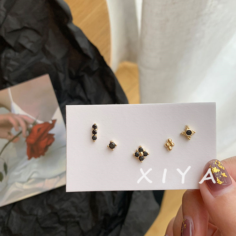 Xiya แฟชั่น All-Match Black Gold Geometric ต่างหูชุดต่างหูขนาดเล็กเรียบง่าย