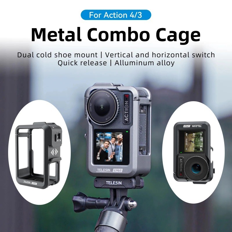 Telesin กรงโลหะสําหรับ DJI Action 5 Pro/4/3 อลูมิเนียมอัลลอยด์กรอบสําหรับอุปกรณ์เสริม DJI Action 5