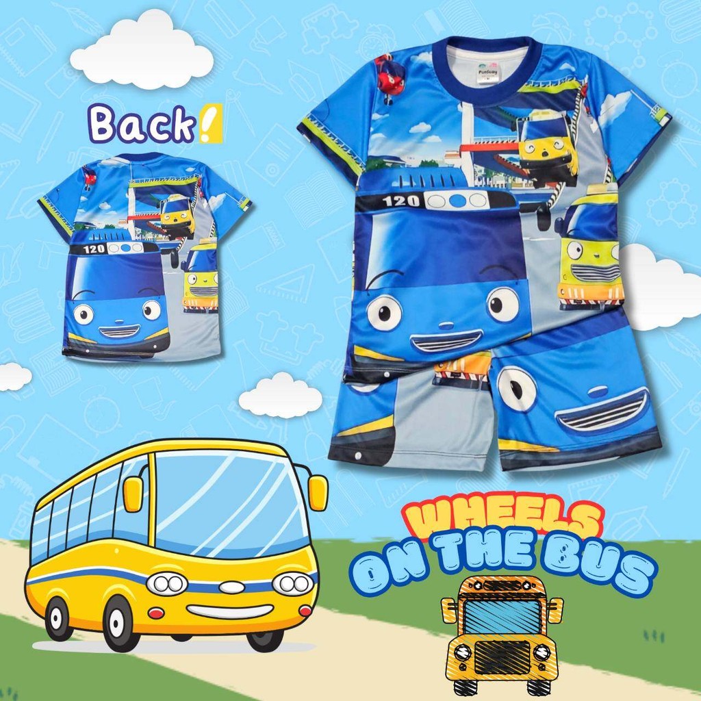 BUS0968 เสื้อผ้าเด็ก เสื้อแขนสั้น+กางเกงขาสั้น ลายการ์ตูน รถบัส ผ้าไมโครเกรดA (ผ้าลื่น) ชุดเด็กแฟชั่น ชุดเด็กลายการ์ตูน