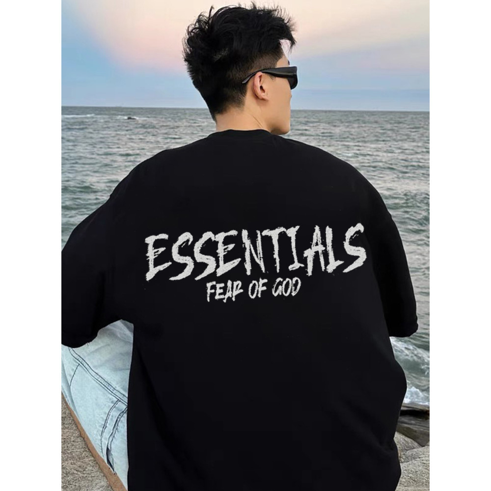 Fear OF GOD FOG Double Line ESSENTIALS American Letter พิมพ์ผ้าฝ้ายแท้คอกลมแขนสั้น T Men