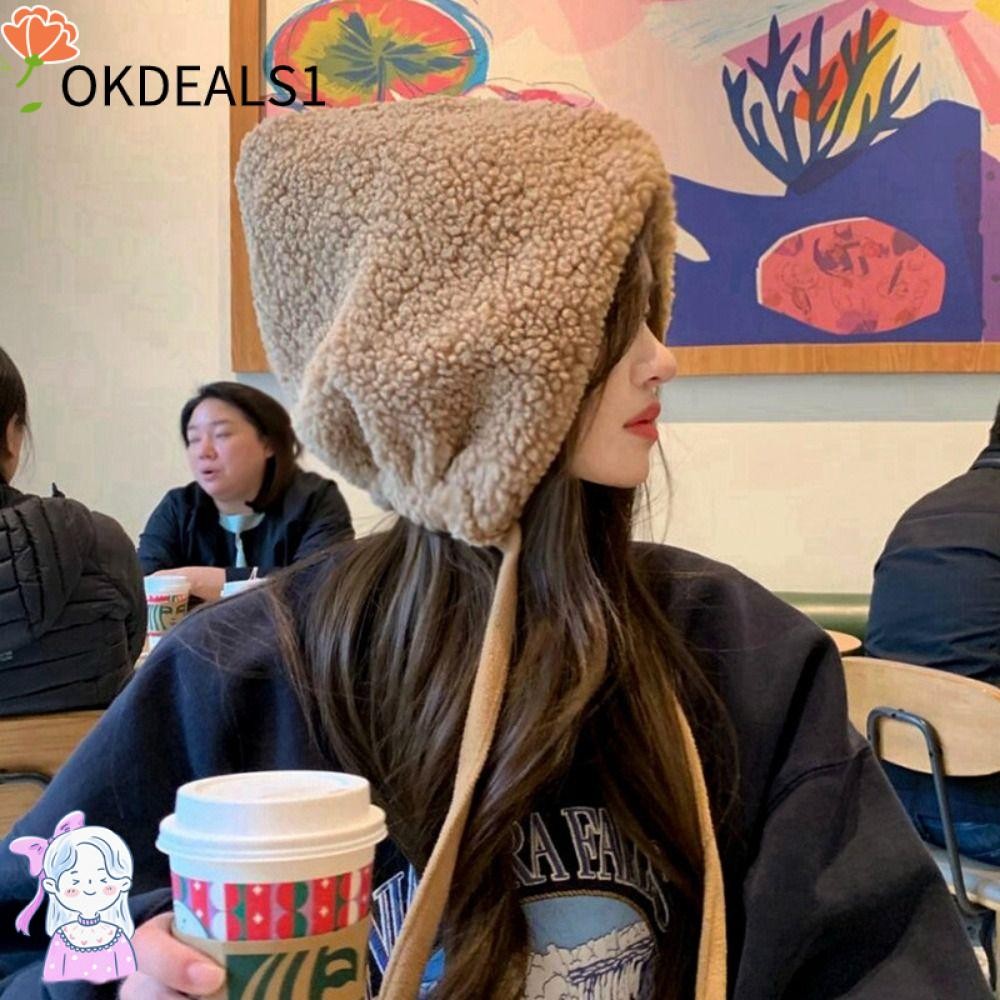 Dealshop หมวกบีนนี่ฤดูหนาว, หมวกถัก ขนแกะ สีทึบ, ผูกหมวกป้องกันหูกันลมหนาอบอุ่น
