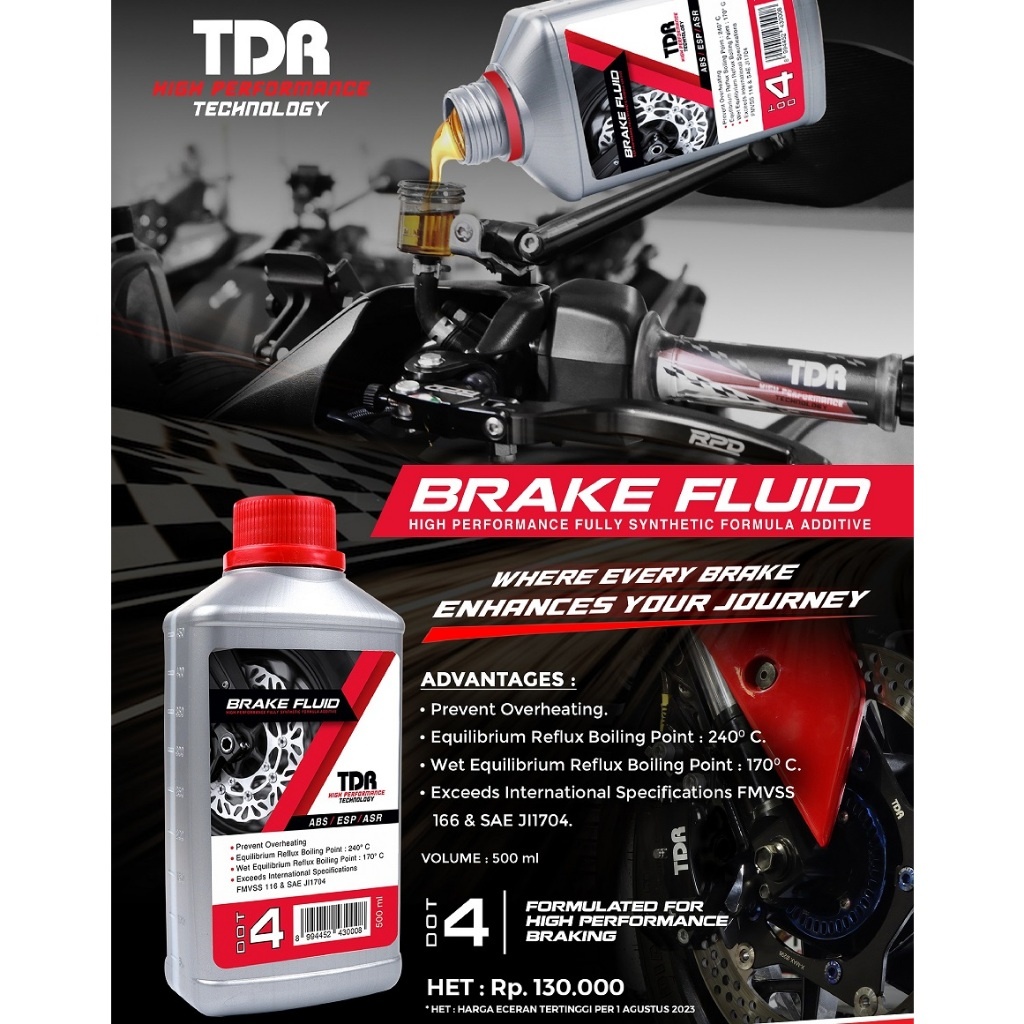 TDR DOT 4 น้ํามันเบรกสังเคราะห์เต็ม 500 มล. น้ํามันเบรก 240C / 444F