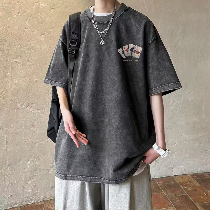 Qkoole เสื้อยืดฟอก oversize ผ้าคอตตอน100% เล่นไพ่ย้อนยุค L000065