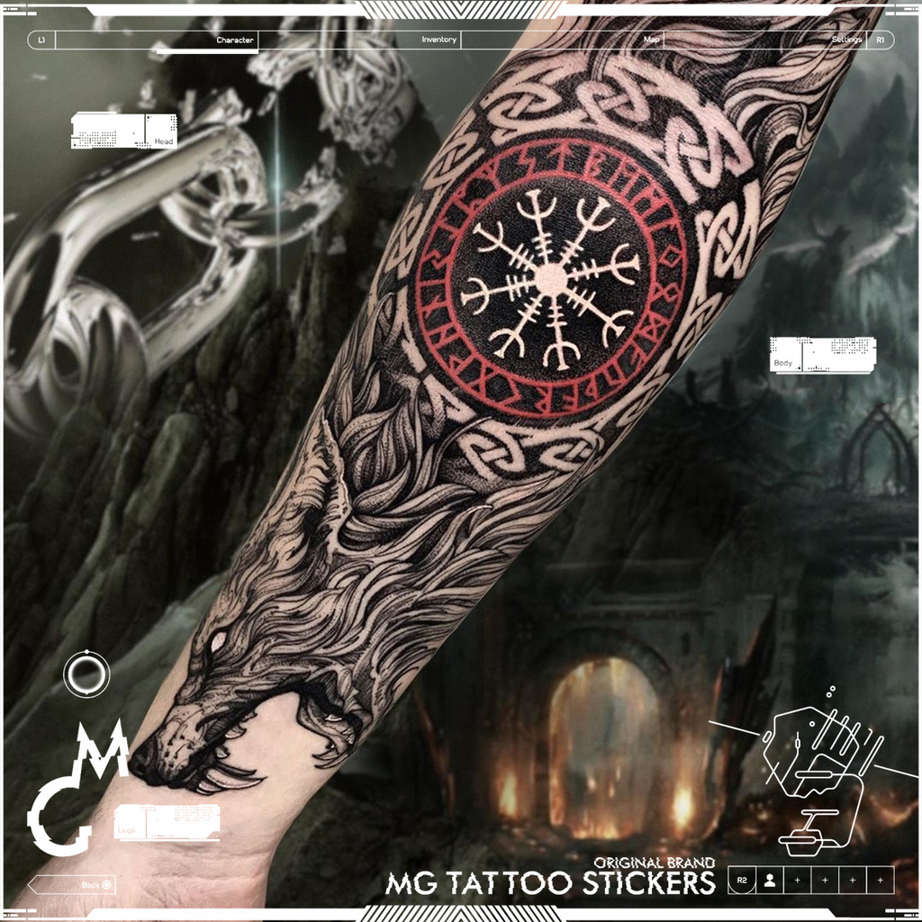 🍀MG tattoo  Dark Cool Wolf Head Mystic Big Picture Flower Arm