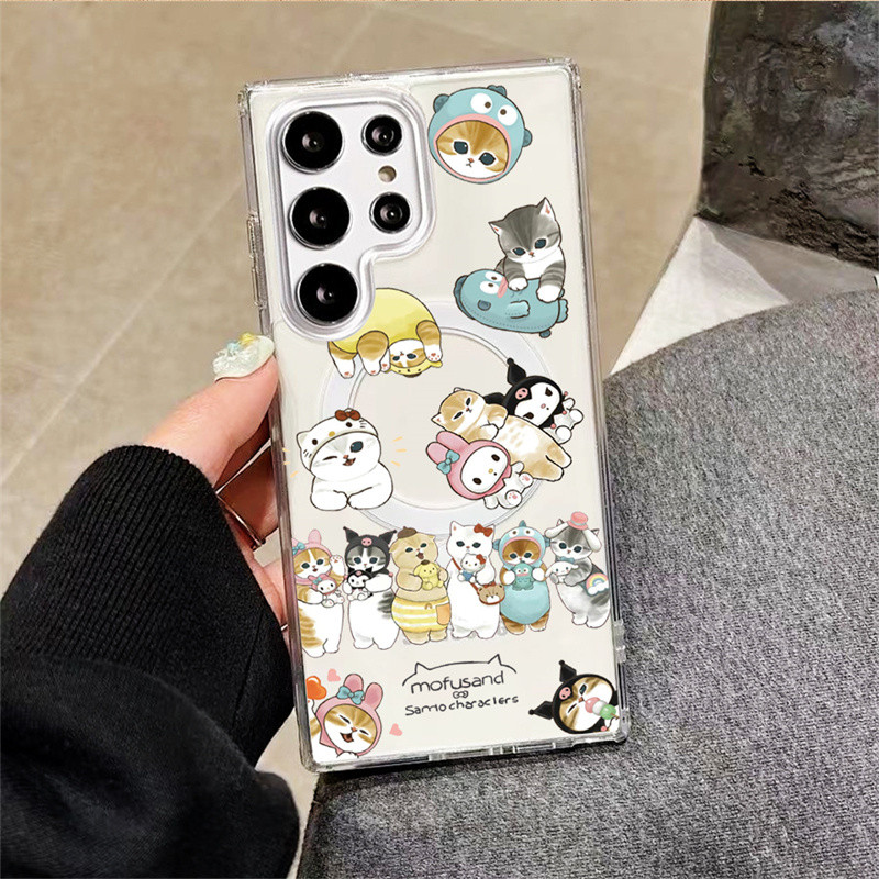 Mofusand Cat Sanrio Hello Kitty Macaron อีสเตอร์คอสเพลย์กันกระแทกถุงลมนิรภัยแม่เหล็กสําหรับ Samsung S24 Ultra S23 Plus/Ultra S22 S21 FE กันกระแทกโปร่งใส