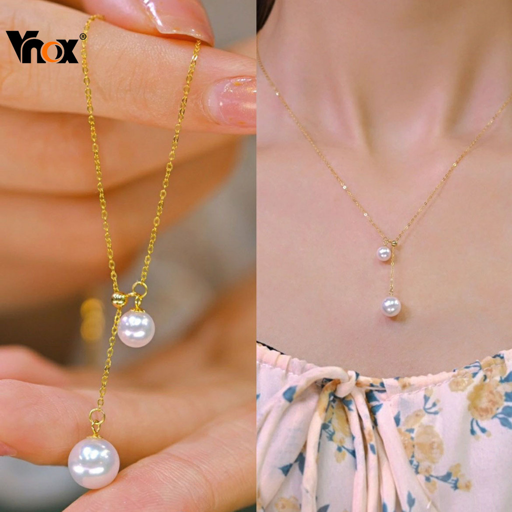 Vnox หรูหราแฟชั่น Ins Design Pearl Collarbone สร้อยคอ Strong Light หลอดไฟขนาดเล็ก Y คอโซ่อารมณ์เรียบง่ายหญิง