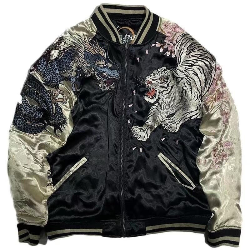 เสื้อแจ็คเก็ตแขนยาวฤดูใบไม้ผลิฤดูใบไม้ร่วง Ukiyo-e ผู้ชายพิมพ์ Blue Dragon White Tiger Mythical Beast รูปแบบแจ็คเก็ต