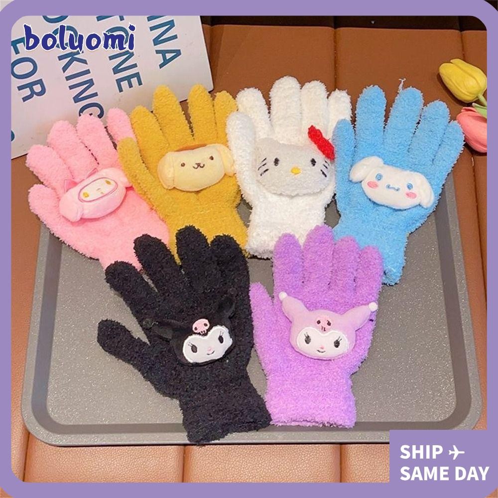 Bolumi ถุงมืออุ่น,ตุ๊กตาการ์ตูนห้านิ้ว, Kawaii น่ารักกันลม Coldproof Kuromi Melody Cinnamoroll Kt แมวถุงมือนักเรียนสําหรับฤดูใบไม้ร่วงฤดูหนาว
