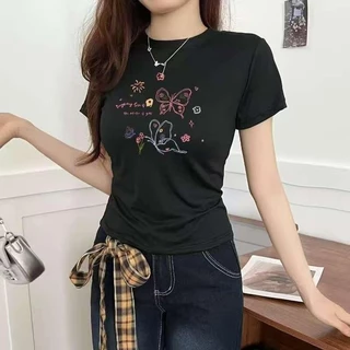 G01-06 เสื้อยืดสีดำแขนสั้นพิมพ์ลายผีเสื้อ สุดน่ารัก แนวเกาหลี หลายไซส์ ผ้านิ่มสวมใส่สบาย ใส่ได้ทุกโอกาส ราคาถูก