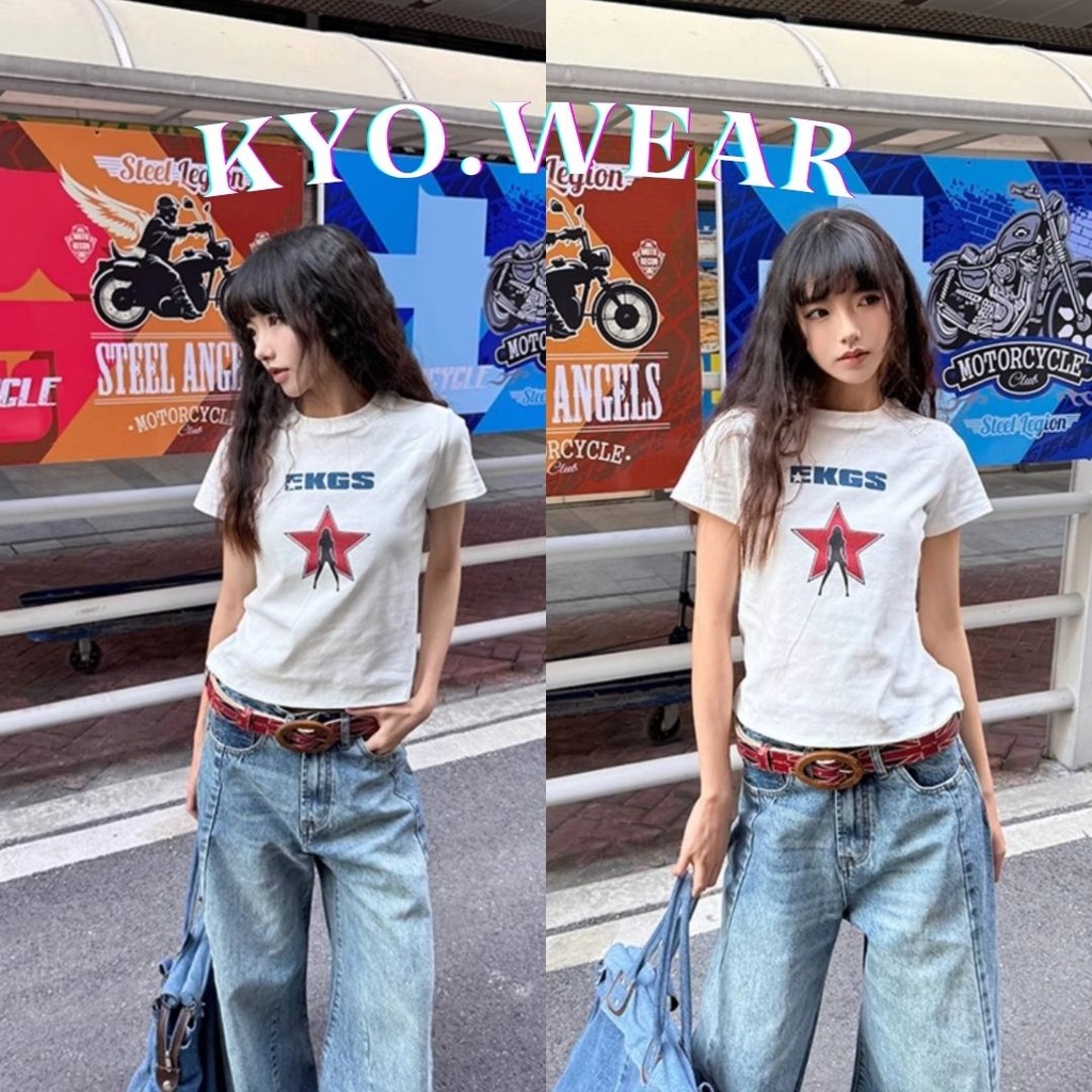 KYO ✨baby crop เสื้อยืดแขนสั้น ผ้าcotton 100% เสื้อครอป Hotgirl คอกลม ใส่สบายลาย "EKGS Stars"