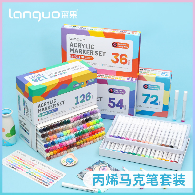 Languo 126 สีตรง liquid Acrylic Marker ปากกา soft-head ภาพวาดสี Basic สีอะคริลิคถาวรกันน้ํา MARKER ป