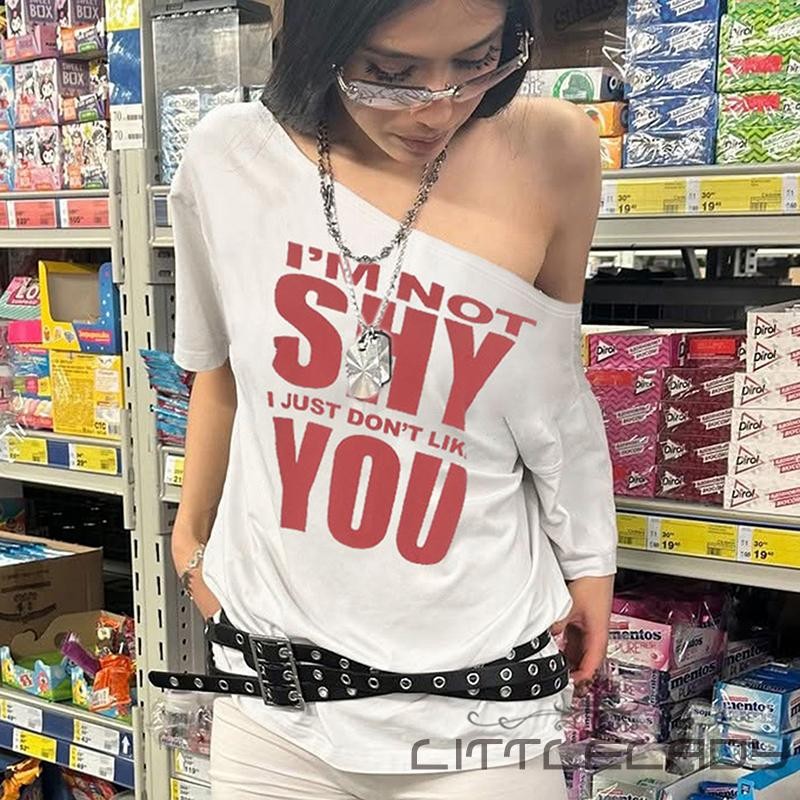 LTL-เสื้อยืดพิมพ์ลายคอเฉือนแขนสั้นสําหรับผู้หญิงฤดูร้อน