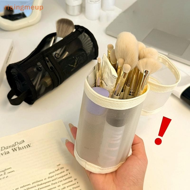 [risingmeup] Mesh Dual-use Makeup Brush Storage Bag Portable Brush Case Simple Large Capacity Brush Bucket Holder Travel Stand-up Pouch ใหม่
