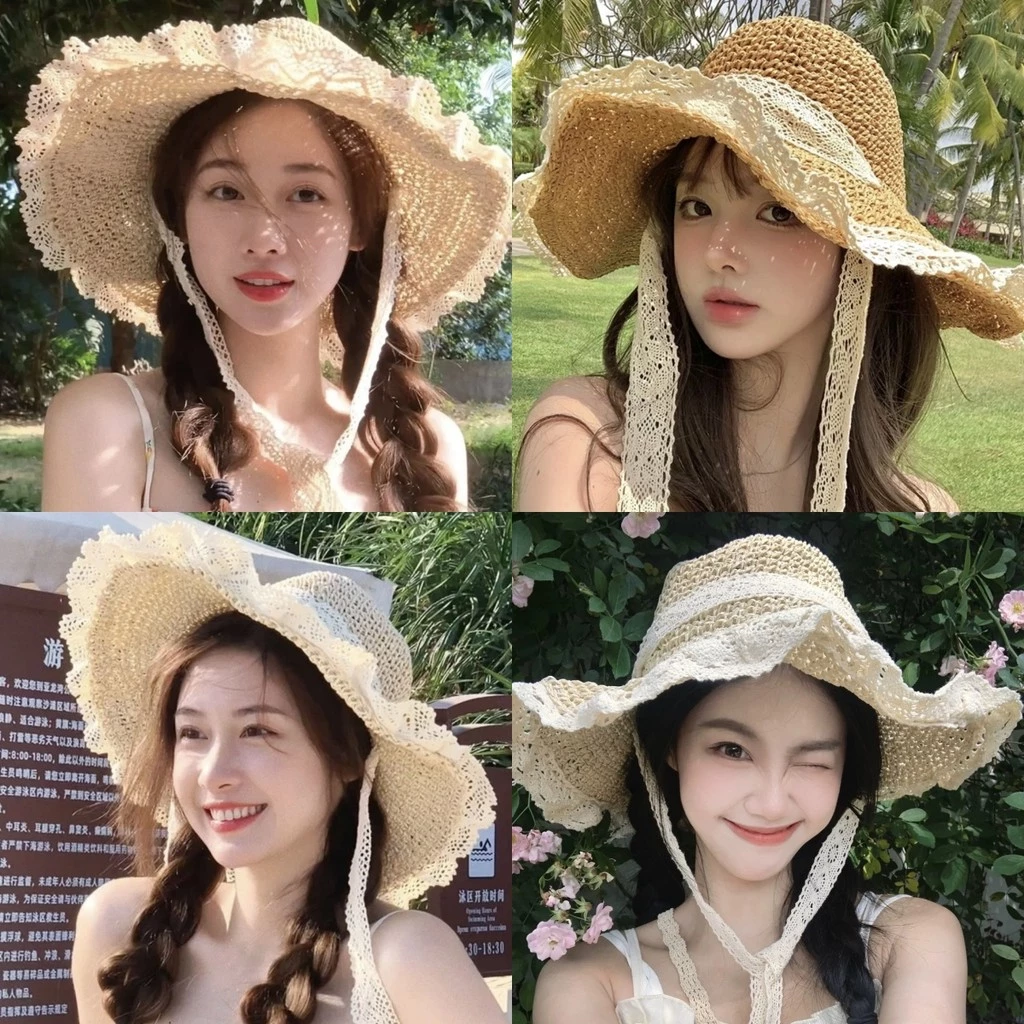 🥥Evelyn🥥หมวกฟาง ริบบิ้นลูกไม้ สไตล์ใหม่ประจำฤดูร้อน หมวกกันแดด น่ารัก สไตล์เกาหลี การจัดส่งที่รวดเร็ว